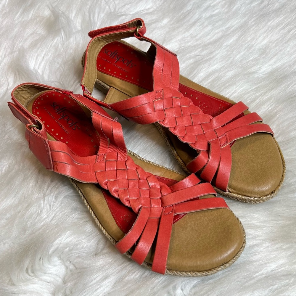 Softspots Leather Sandals Women’s Size 8 braided vamp reddish orange color